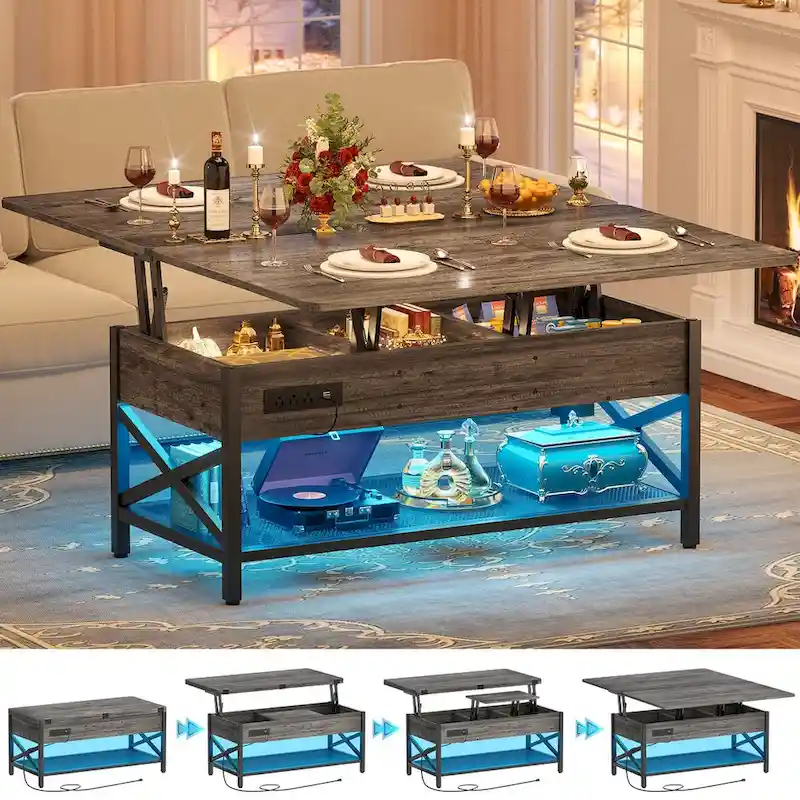 Farmhouse Lift Top Multi-Function Coffee Table Converts to Dining Table with LED Light and Power Outlet