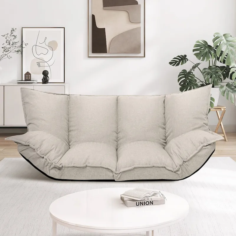 Modern Lazy Sofa Bed Beige Folding Futon for Kids or Home