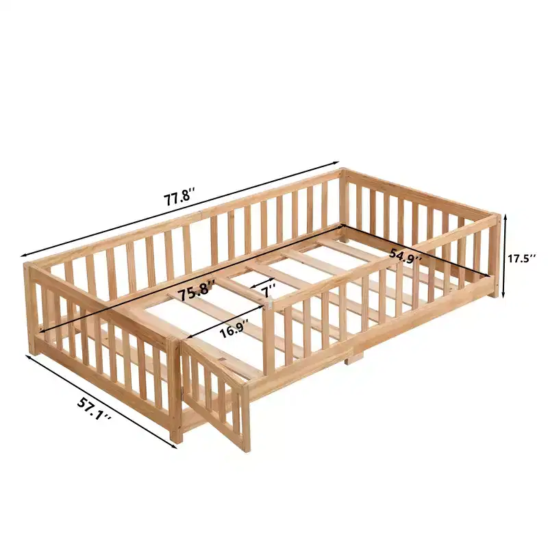 Okak Full Size Bed with Headboard,Solid Wood Platform Bed Frame with Fence,Suitable for children, Pine Wood, Natural