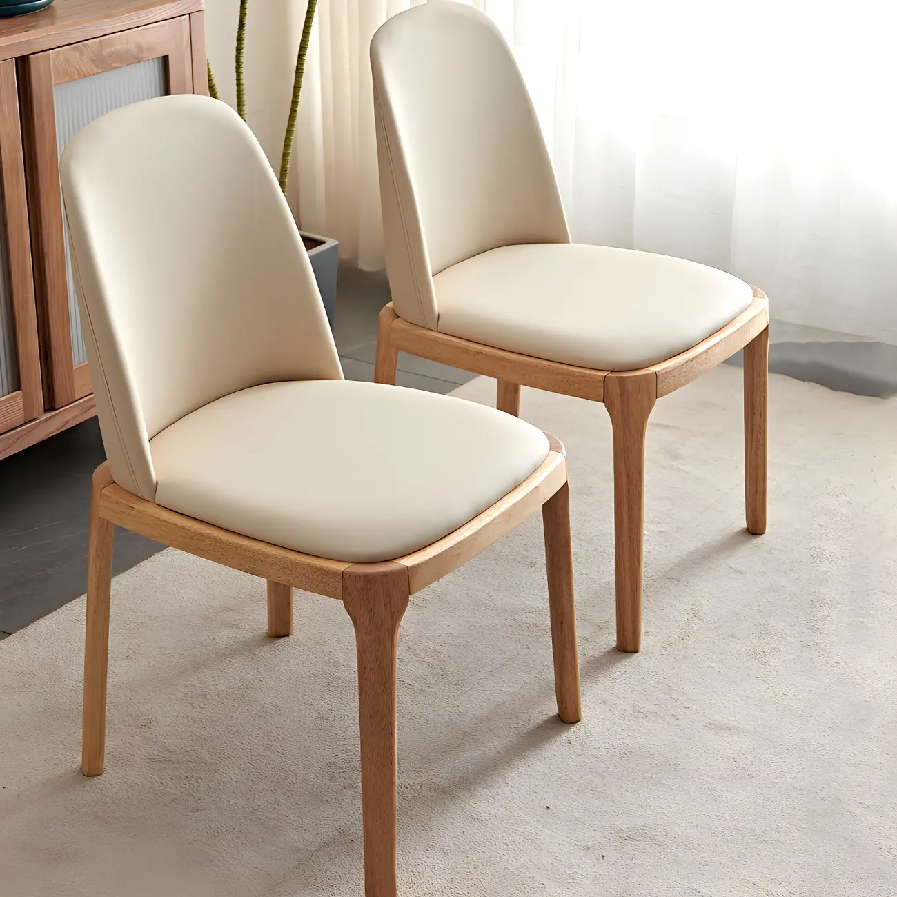 Cream Wood Faux Leather Solid Back Dining Chair