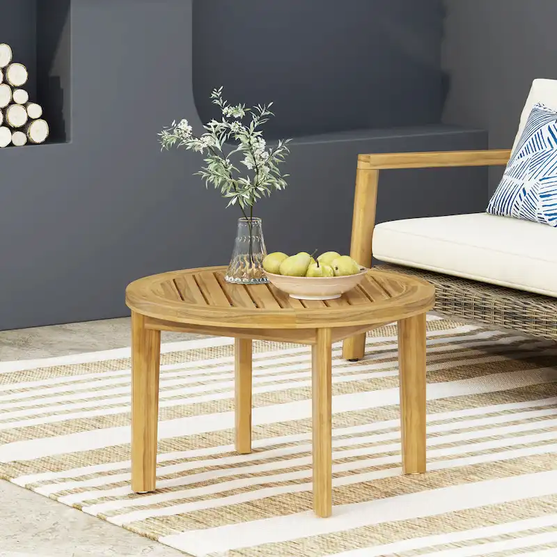 Roomfitters Round Patio Coffee Table, Solid Acacia Wood Slatted Top with Tapered Legs, Natural Wood
