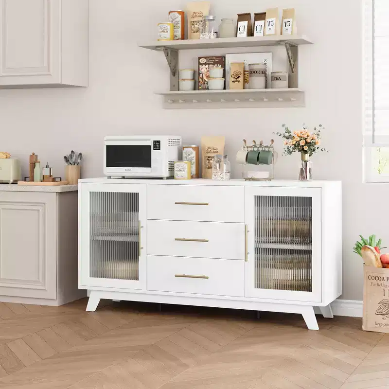 2 Fluted Glass Doors, 3 Large Drawers, Sideboard Buffet Cabinet, for Living Room, Dining RoomWood