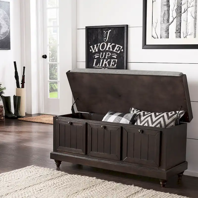 Farmhouse Storage Bench with Upholstered Seat Cushion