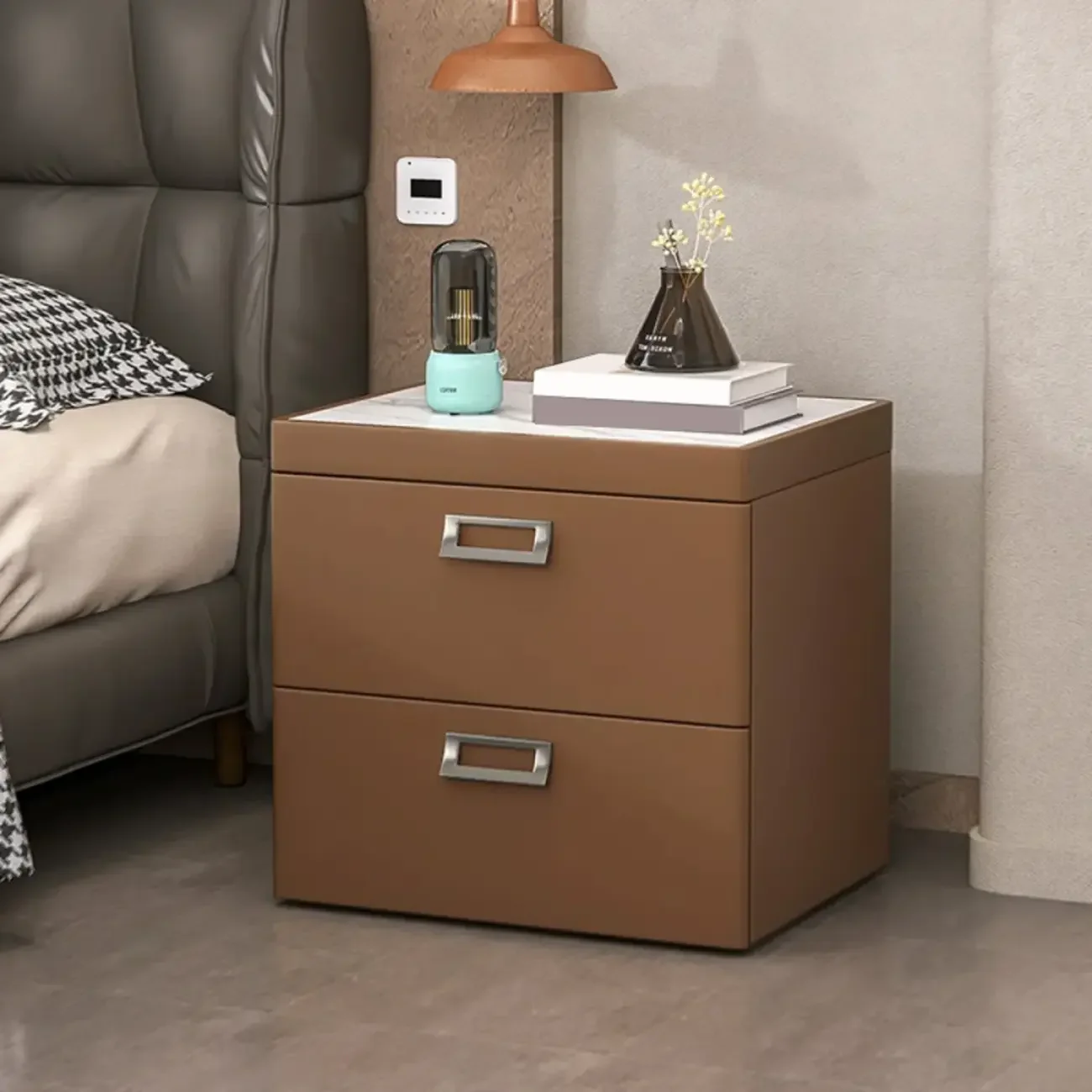 Modern Faux Leather 2 Drawers Nightstand with Stone Top