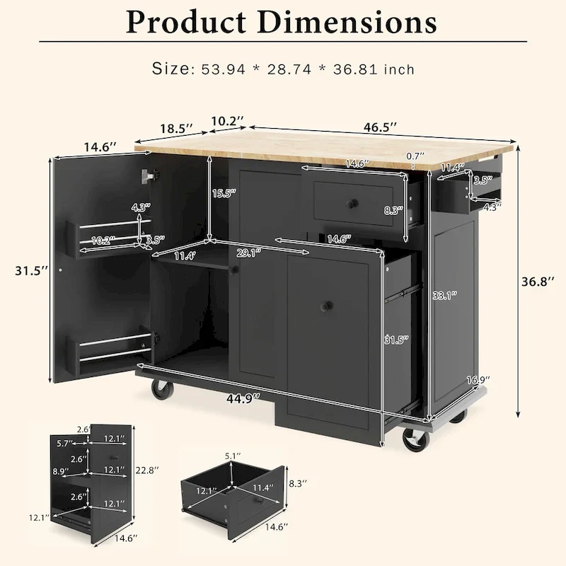 53.9 Width Rolling Kitchen Island with Drop Leaf and 3 Tier Pull Out Cabinet