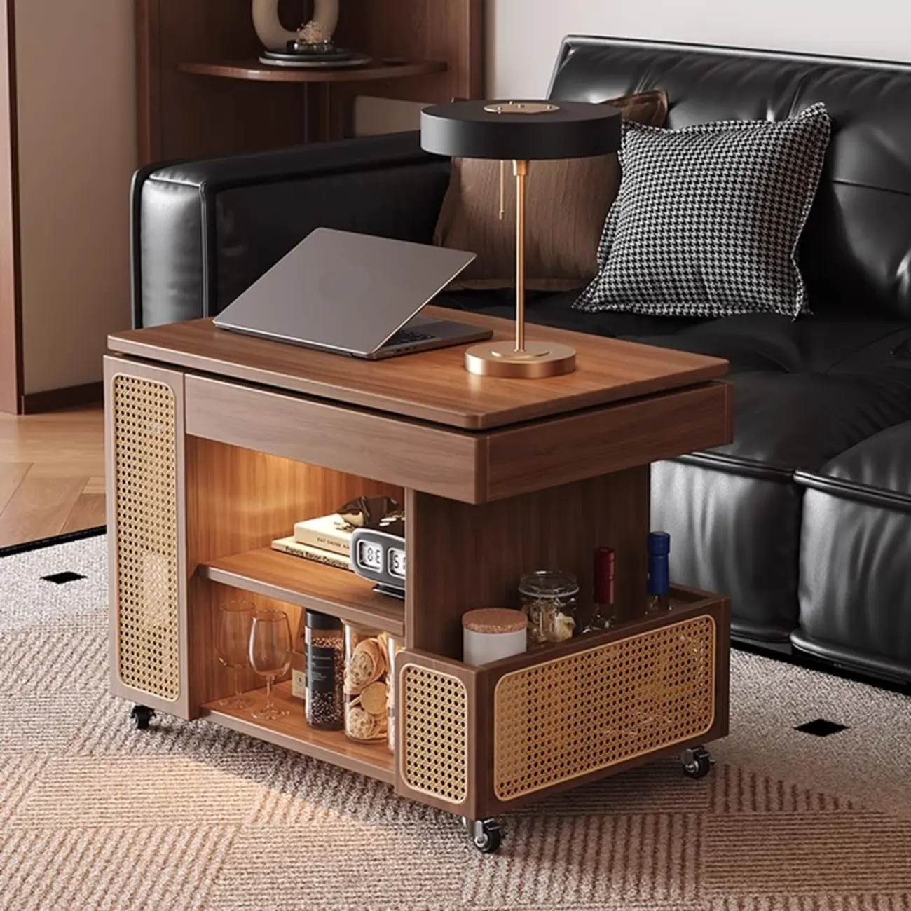 Nut-brown Adjustable Lift Top Wood Trolly Side Table