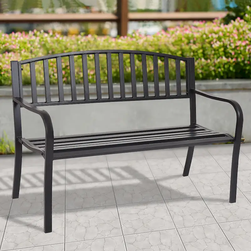 Patio Garden Bench Park Yard Loveseats with Cast Iron Frame