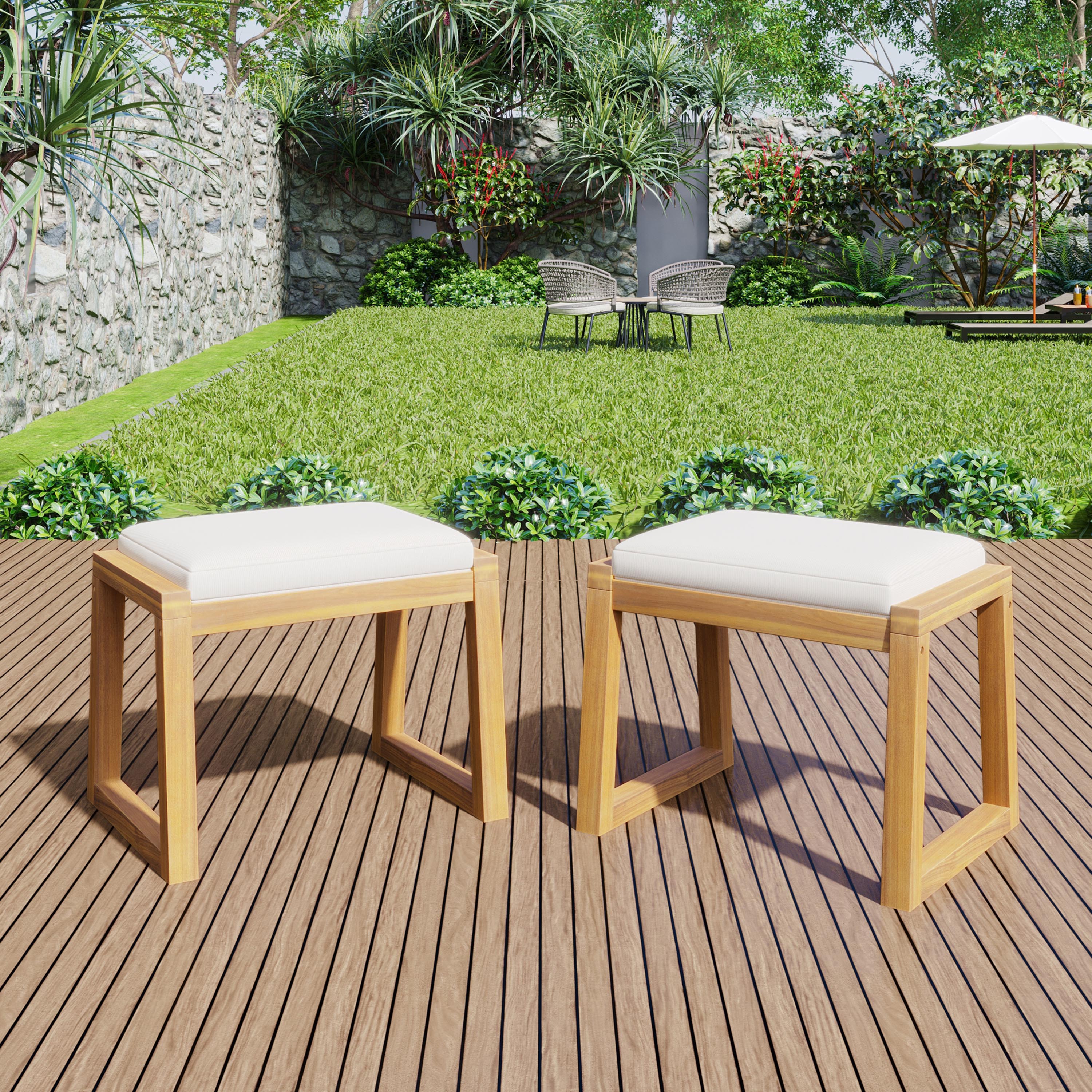 Modern Outdoor Patio Dining Stool Bench with Cushions, Set of 2