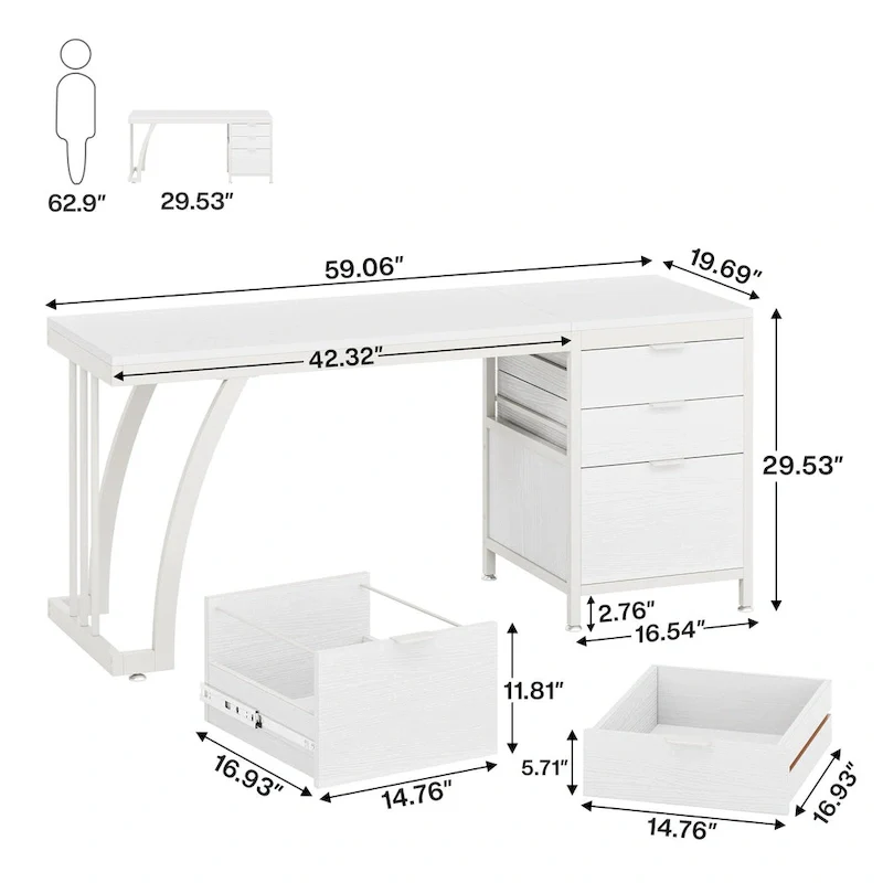 59-inch Wood/ Metal Computer Desk Writing Table with 3 Reversible Drawers