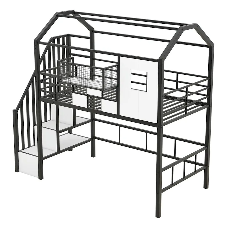 Pink & Black Metal Loft Bed with Roof & Storage, Twin, 1-Person