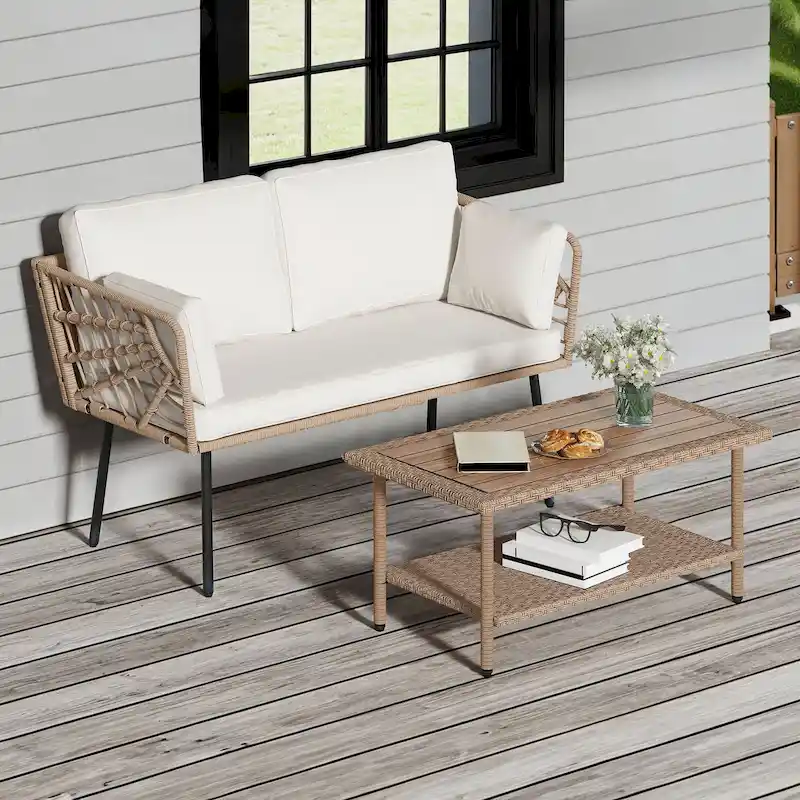 Moasis 2 Pieces Patio Furniture Set,Rattan Wicker Loveseat with Coffee Table