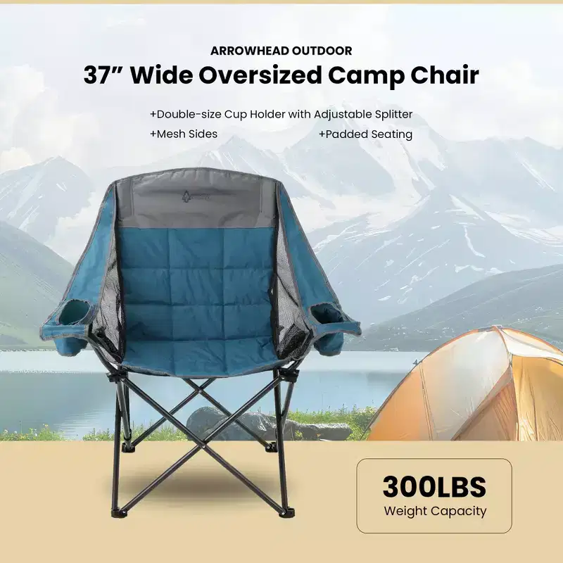 ARROWHEAD OUTDOOR 2-Pack Oversized Folding Camp Chair, XL Adjustable Cup Holder, Mesh Sides, Inner Pockets, Carry Bag, Supports 300 lbs (Ocean Blue)