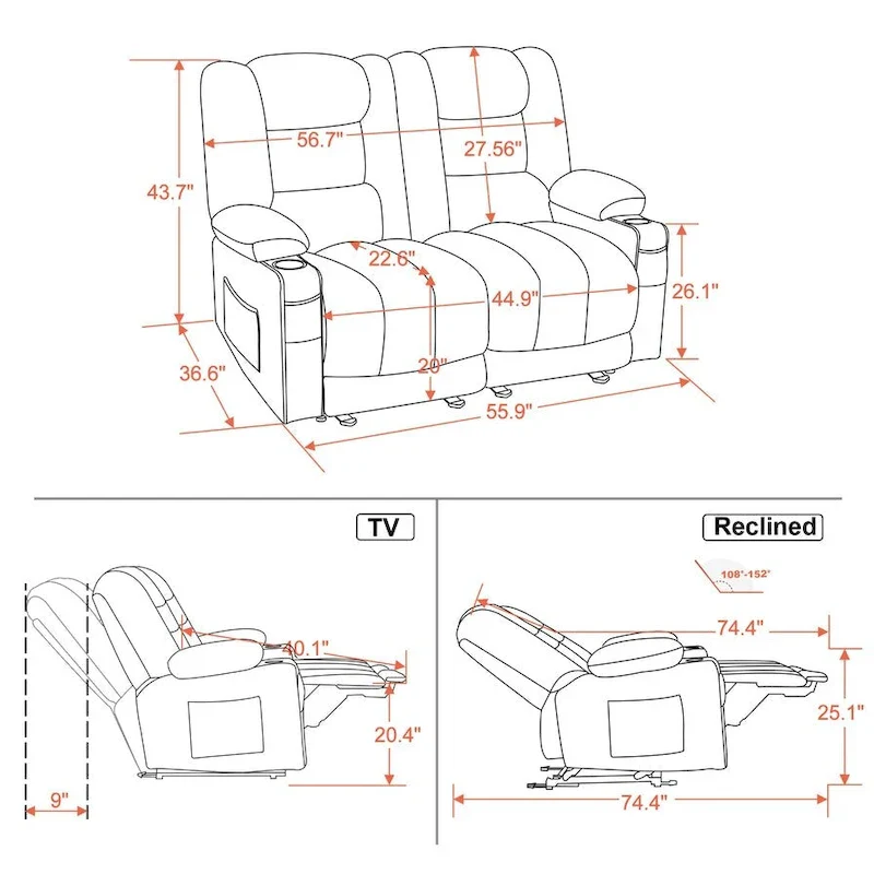MCombo Power Reclining Loveseat Sofa with Heat and Massage, Fabric PR648
