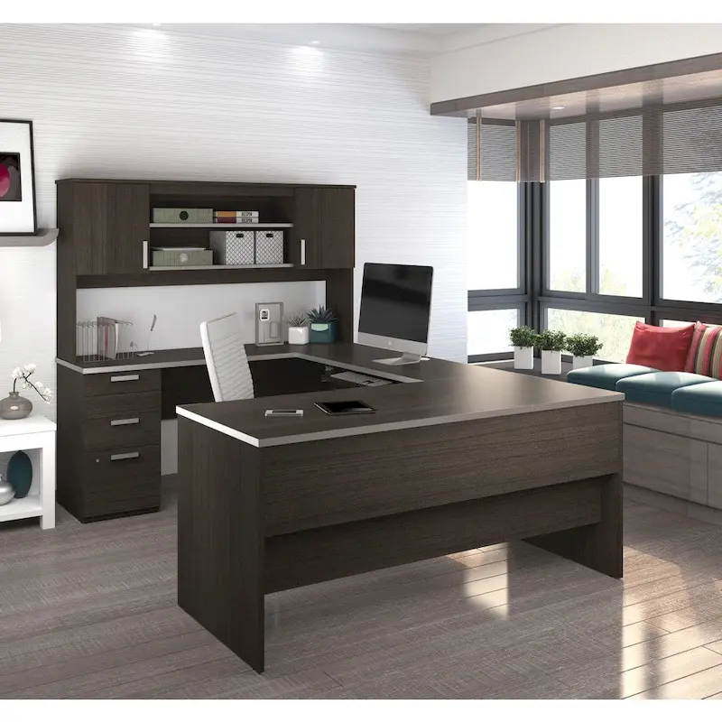 Dark Chocolate / White Chocolate & Dark Chocolate U-Shaped Executive Desk with Hutch & Cabinet, 2-Person Assembly
