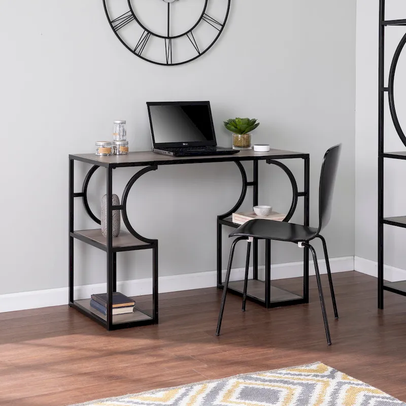Natural / Black Transitional Writing Desk with Shelves, 1-Person