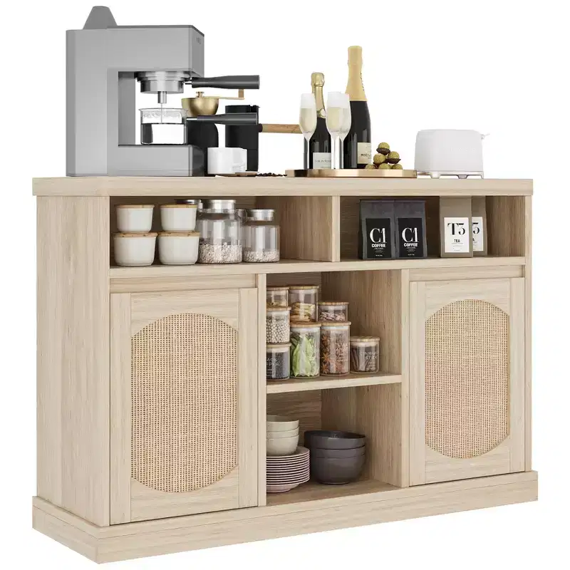 Rattan Buffet Cabinet with Storage - 47 Sideboard Storage Cabinet, 2 Rattan Doors, Natural Wood Accent, Coffee Bar, Kitchen Dining Living Room