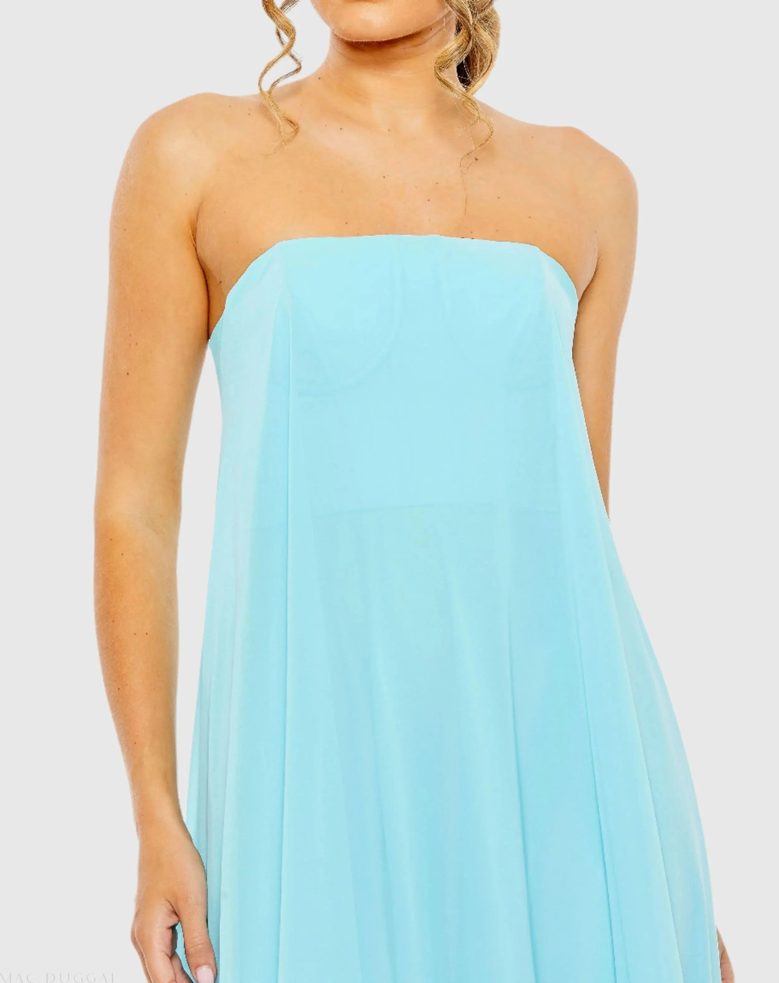 Blue Strapless Flare Feather Hem Gown