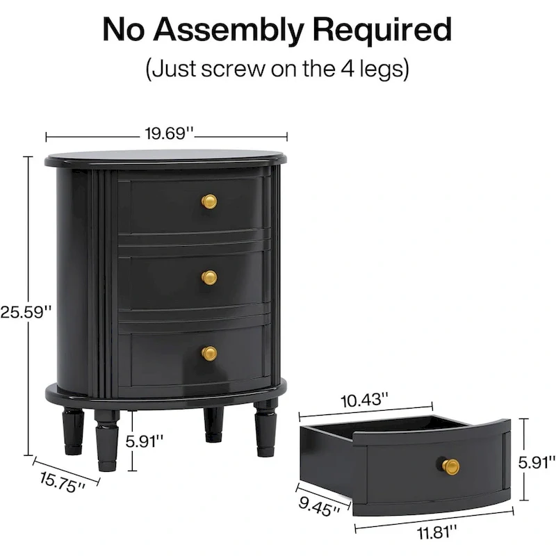Fully Assembled Nightstand with 3 Drawers