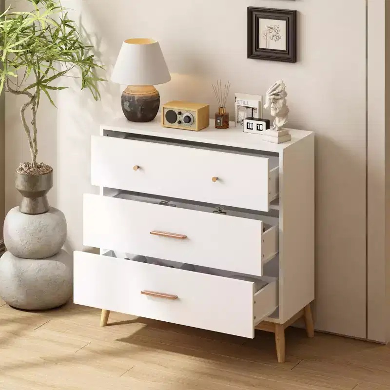 JVNOXK Nordic White 3-Drawer Storage Cabinet with Rose Gold Handles & Solid Wood Base, Modern Chest of Drawers for Home Office, Nursery
