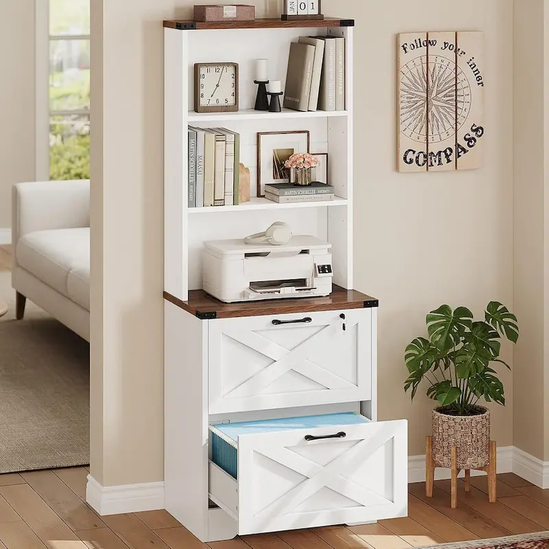 2-Drawer Locking File Cabinet with Adjustable Shelf & Anti-Tip Kit – Brown / White, Farmhouse Style