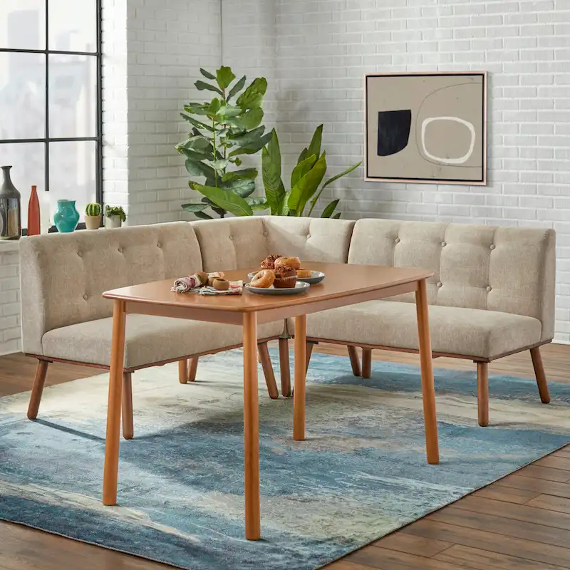 4-Piece Nook Dining Set, Corner Seating with Tufted Backs, Walnut Finish