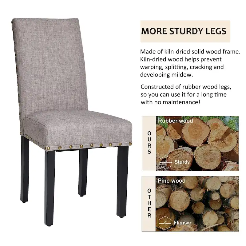 High Back Linen Fabric Dining Chairs with Nailhead Trim – Grey / Cream White / Tan