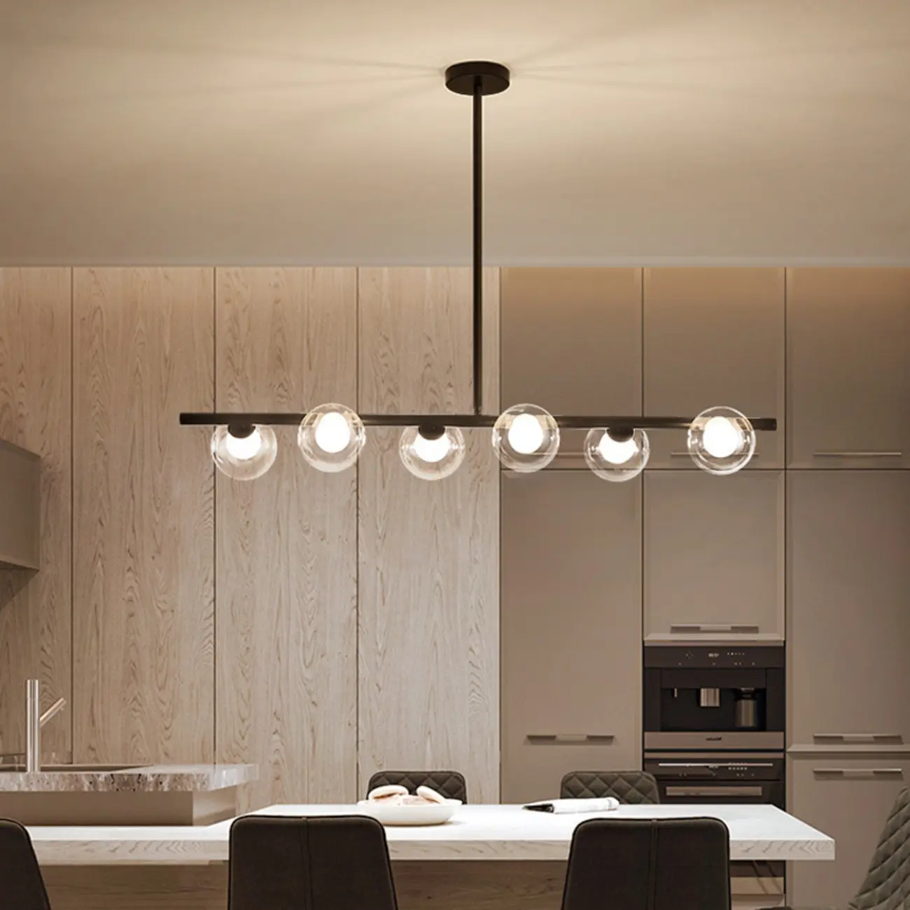 Gold Linear Island Light with 6 Lights Transparent Glass Globe Shades