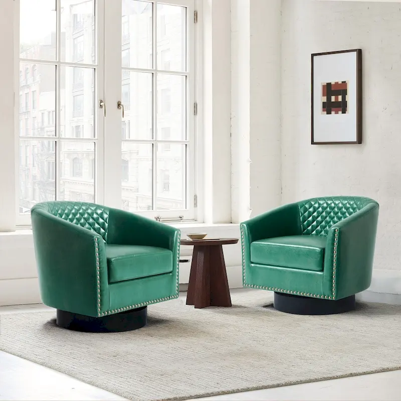 Faux Leather Nailheads Swivel Barrel Chair Set of 2