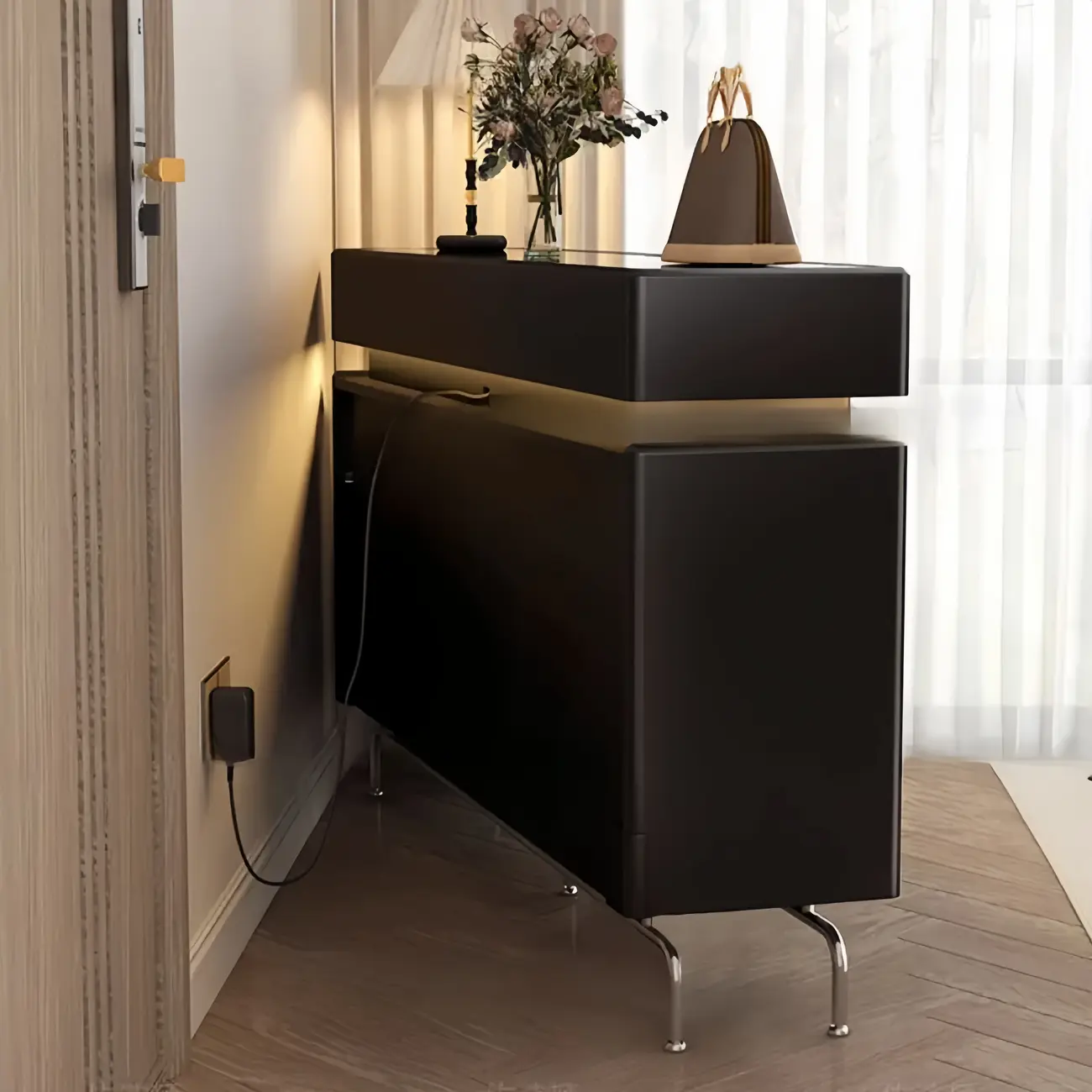 LED Light Wooden Glass Black Sideboard with Drawers Shelves