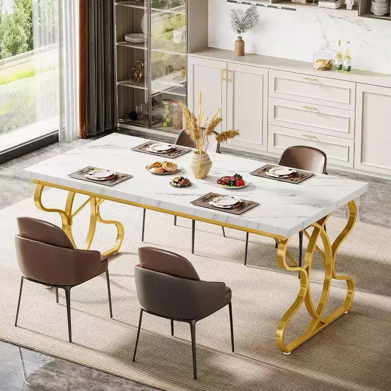 Lantine 63-Inch Dining Table for 4 to 6, Rectangular Modern Kitchen Dinner Table with White Faux Marble and Gold for Dining Room