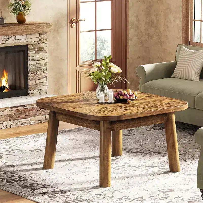 Lantine Solid Wood Square Coffee Table, 31.5-Inch Farmhouse Center Table with Rounded Corners, for Living Room, Office, Small Places, Rustic Brown