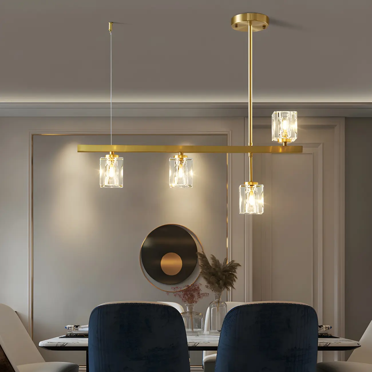 Geometric Gold Crystal Linear Island Pendant Light