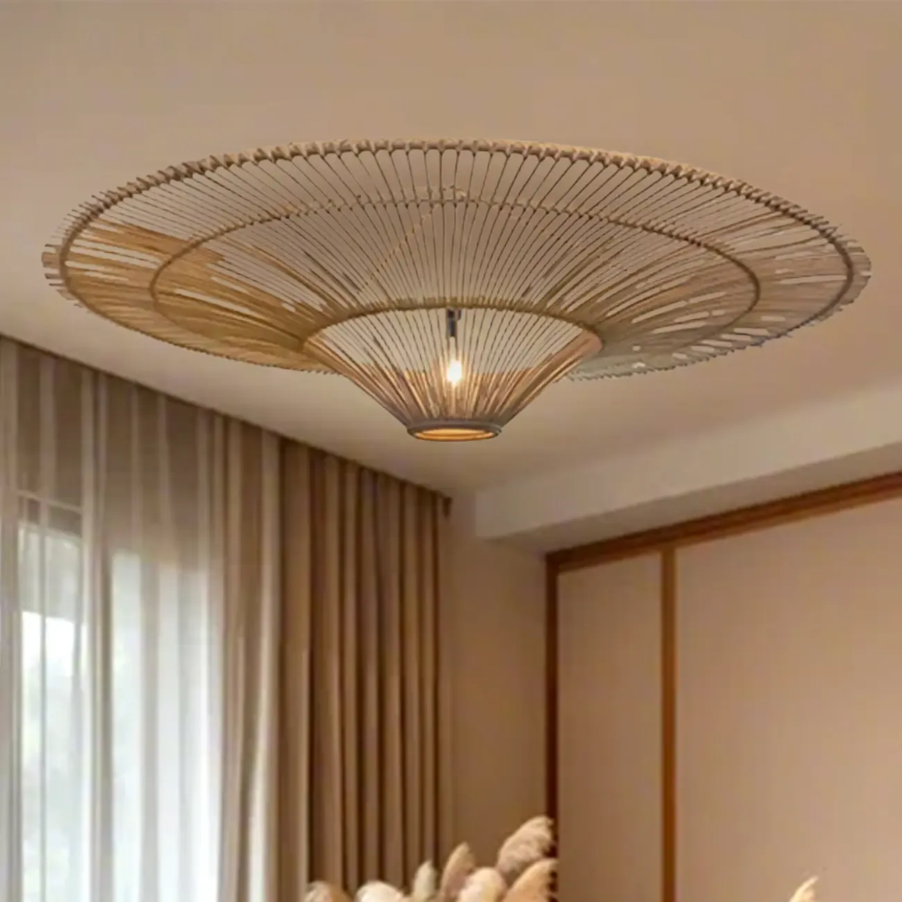 Natural Woven Rattan Bohemian Semi Flush Ceiling Light