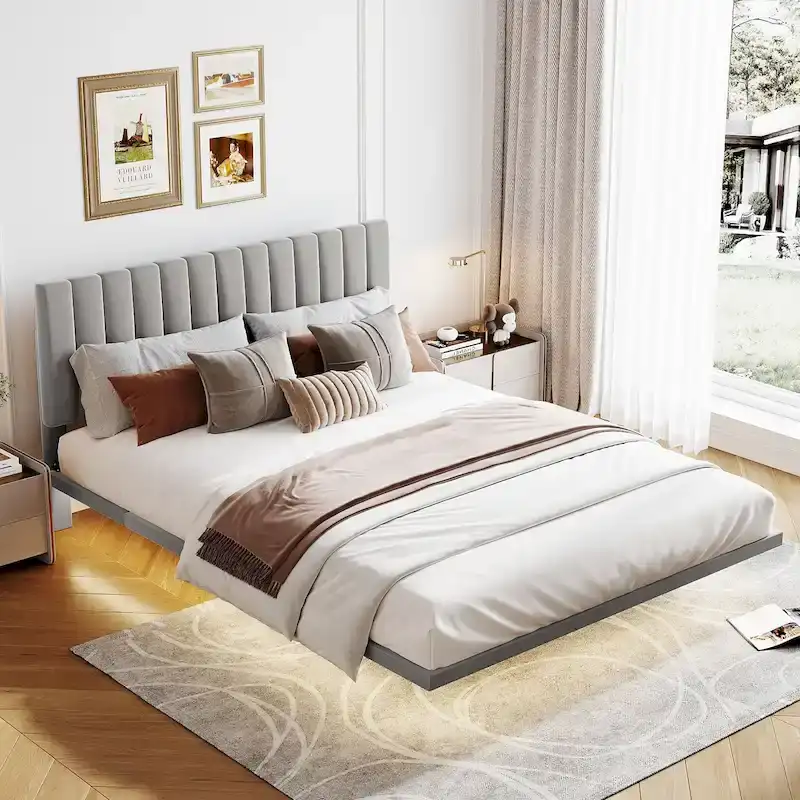 Gray Queen Velvet Upholstered Platform Bed with Motion Sensor Light & Headboard – 2-Person