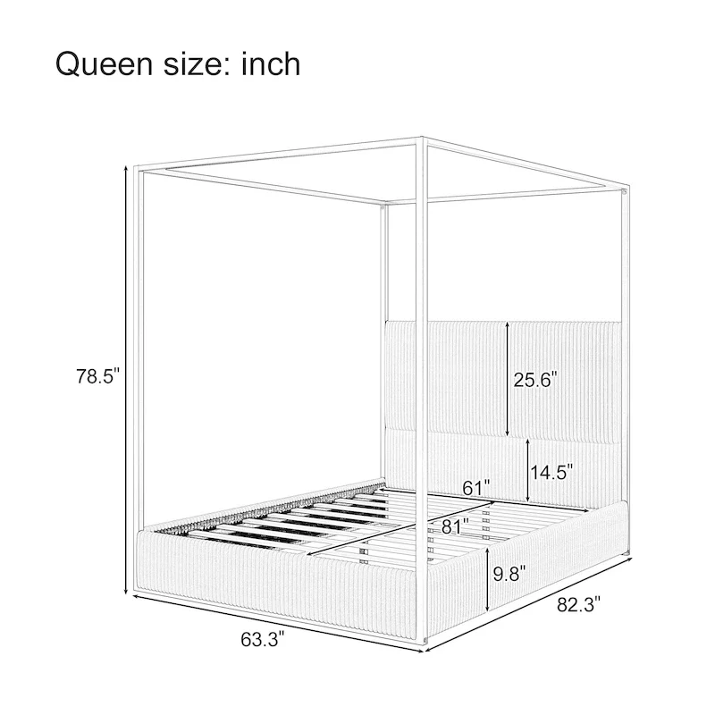 Modern Luxury Metal Canopy Bed with Tall Upholstered Headboard & Four Poster