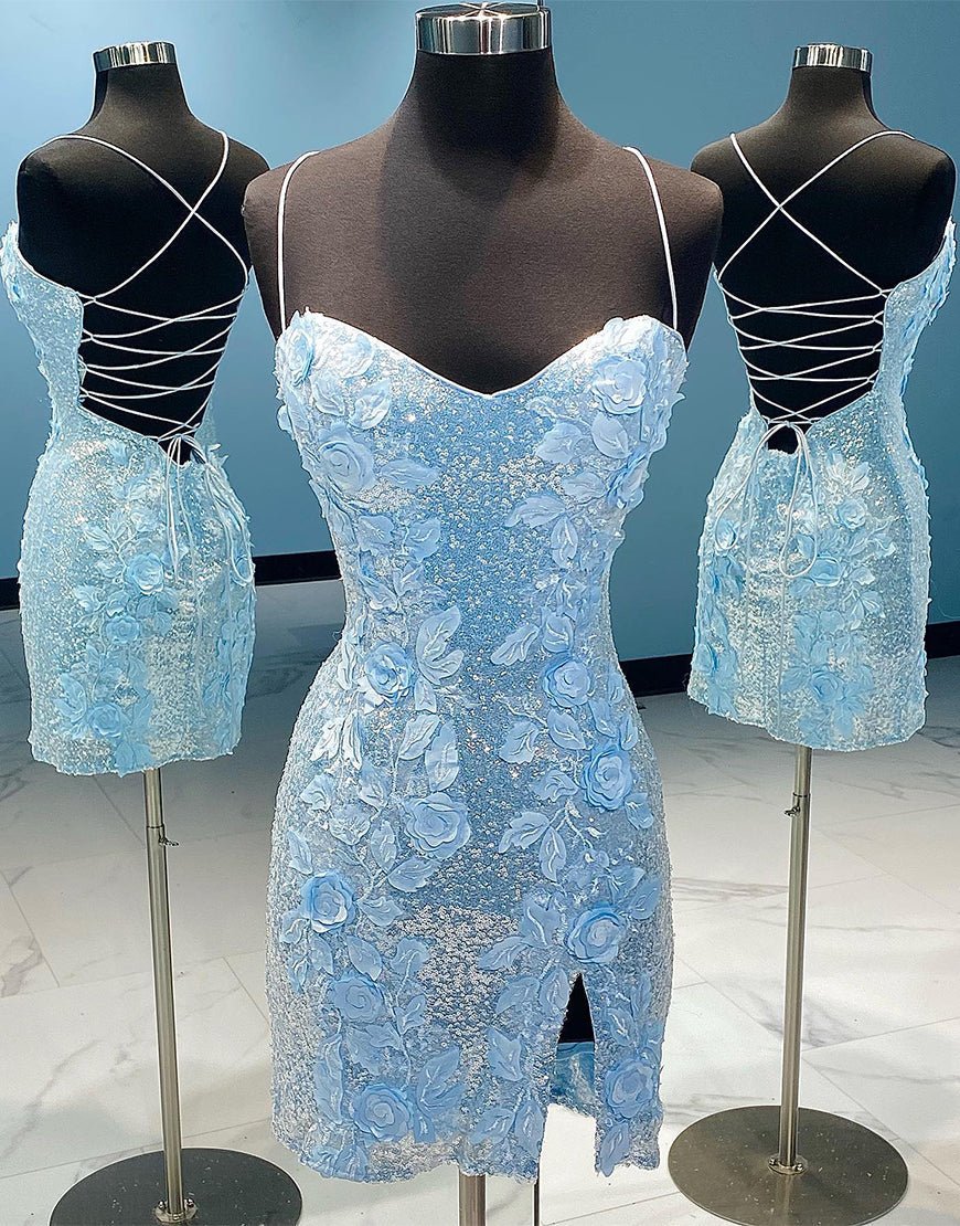 Sky Blue Sheath Sequin Open Back Mini Party Dresses with 3D Flowers