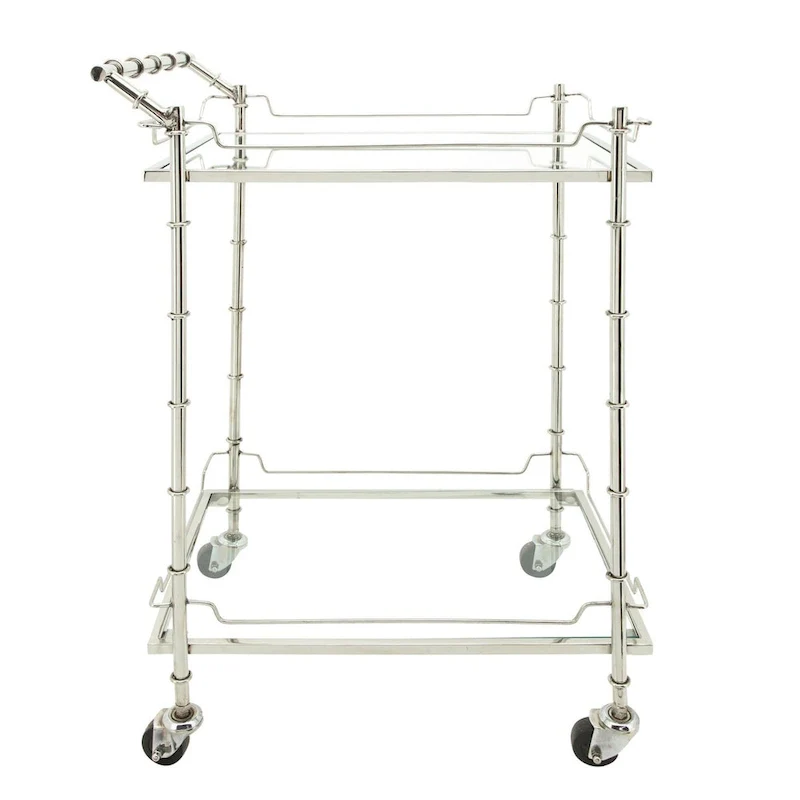 30 Silver Two Tier Rectangular Rolling Bar Cart with Glass Top