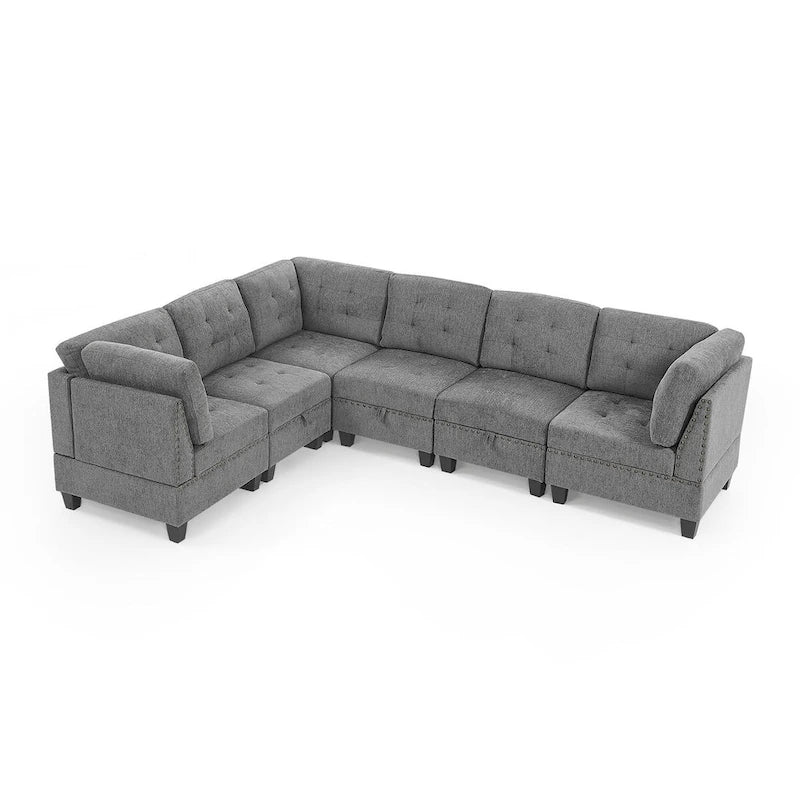 Grey Chenille Modular Sectional Sofa, 6-Seat L-Shape, Reversible