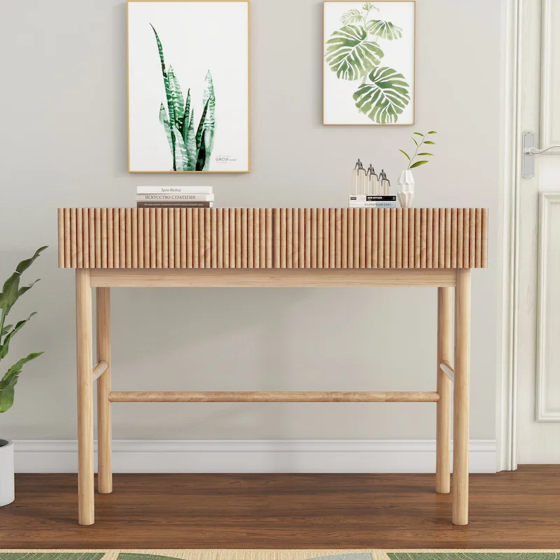 Solid Wood Console Table with 2 Drawers - Natural Brown
