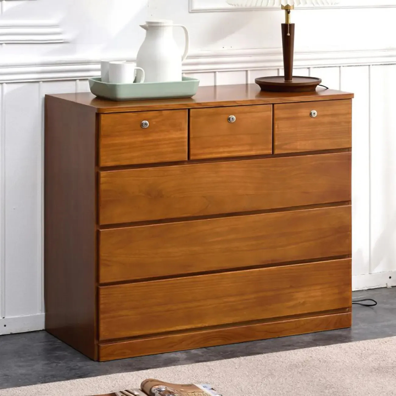 Modern Natural Wooden Double Dresser with 5-Drawers