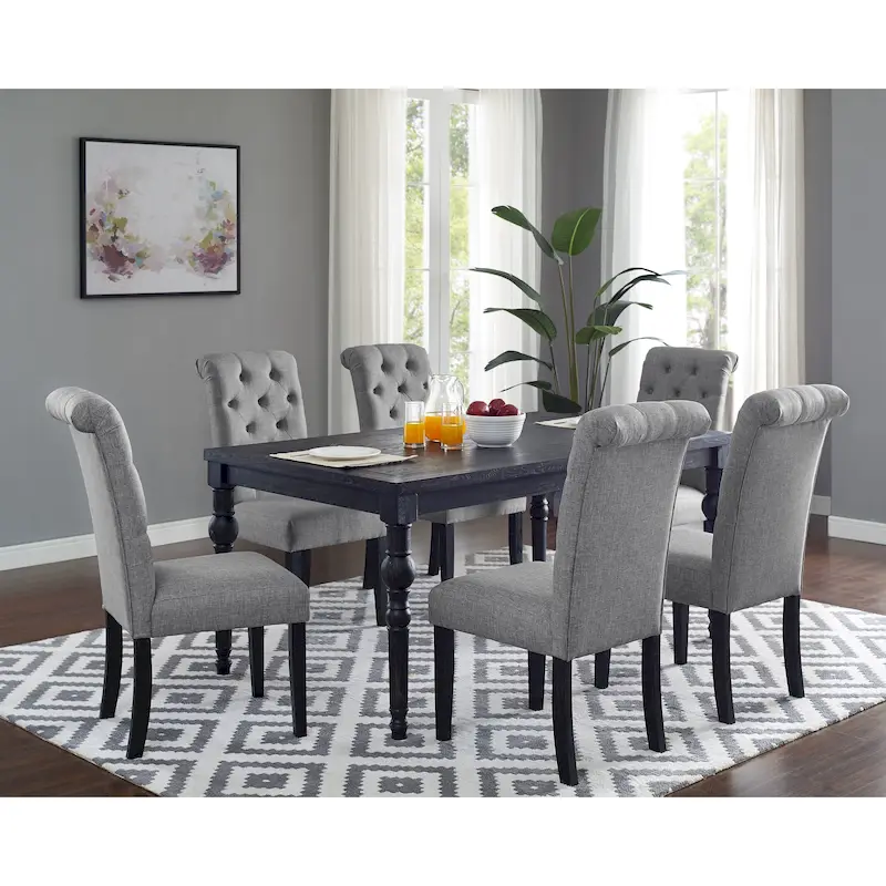 7-Piece Dark-Wash Wood Dining Set with Turned Legs