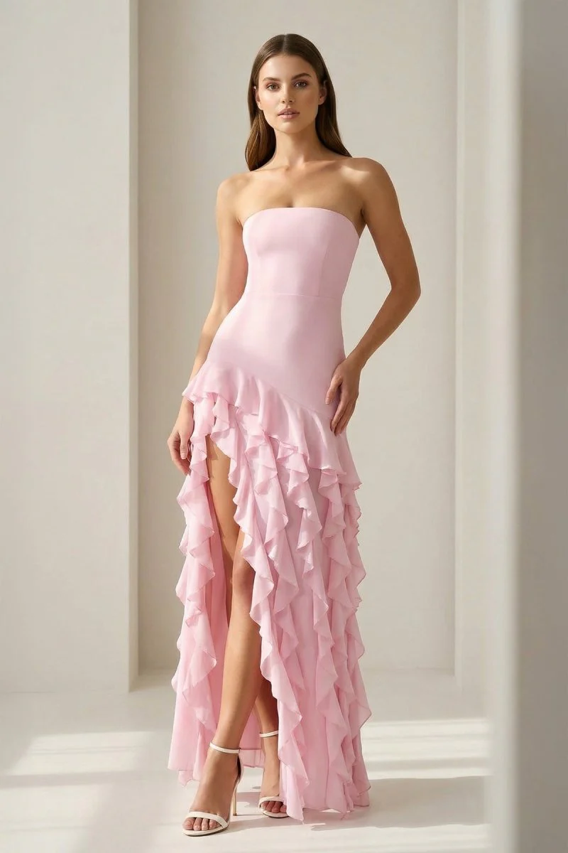 Pink Sheath Strapless Chiffon Long Prom Dresses With Ruffles
