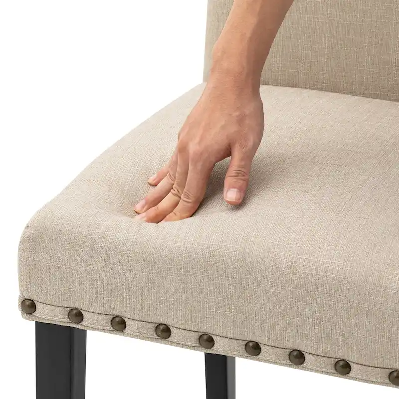 Glitzhome 38H Set of 2 High Back Linen Fabric Studded Dining Chairs with Footpads