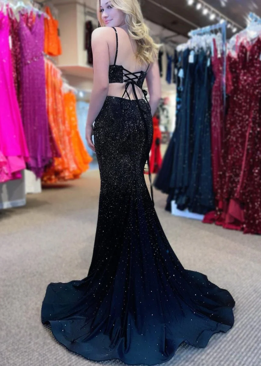 Mermaid Spaghettti Strap Beaded Satin Prom Dress with Slit