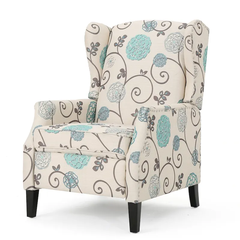 Wingback Pushback Recliner with Floral Polyester Upholstery – Nailhead Trim & Birch Wood Legs