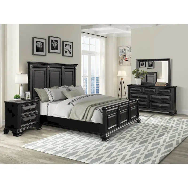 Roundhill Furniture Renova Vintage Black Wood Bedroom Set, Panel Bed, Dresser, Mirror, Two Nightstands