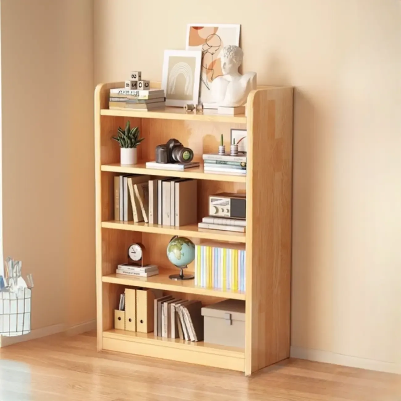 Narrow Vertical Modern Wooden Bookcase in Natural Finish