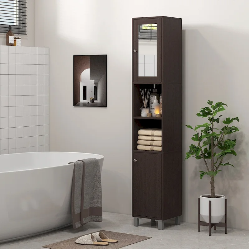 kleankin Tall Bathroom Storage Cabinet with Mirror, Wooden Freestanding Tower Cabinet with Adjustable Shelves for Bathroom