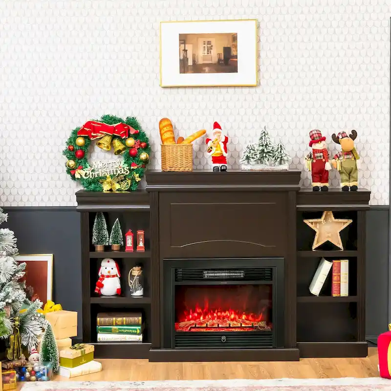 70-Inch Brown Media Entertainment Center with Bookcase and Fireplace Cabinet - 70