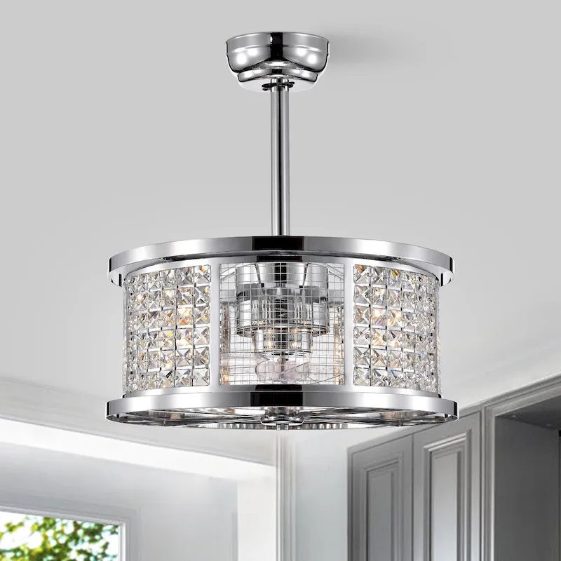 Kellan Chrome Ceiling Fan19-Inch 4-Light Geometric Metal & Crystal Drum Shade (Includes Remote)